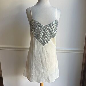 Indefeir silver Sequin slip dress plunging back  cream white Medium NWT